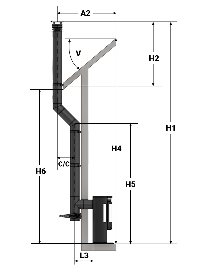 Illustrasjon av bakmontering gjennom yttervegg og helisolert pipe